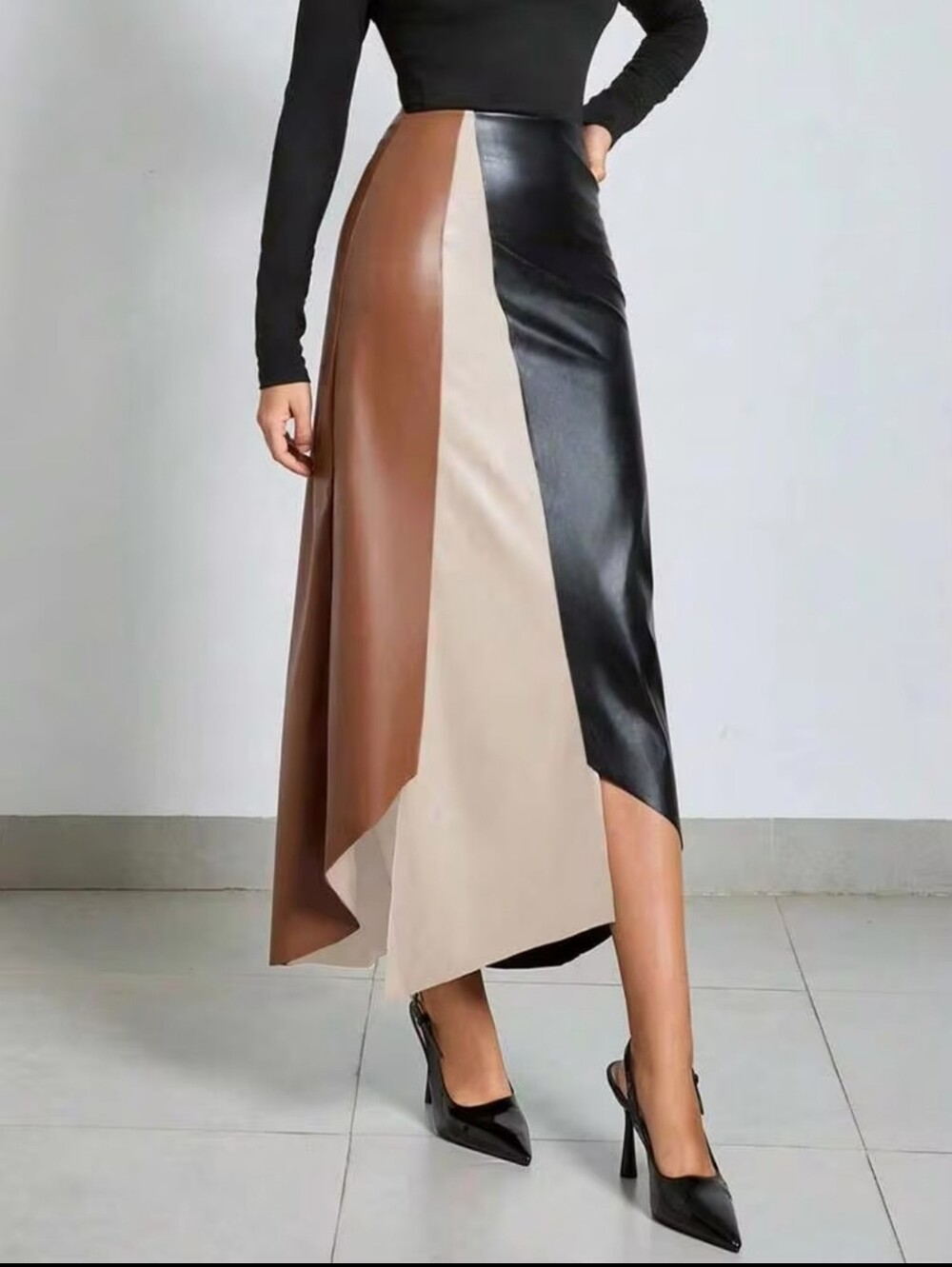 ✨STUNNING Tri-Panel Faux Leather Asymmetric Midi Skirt - Picture 4 of 5